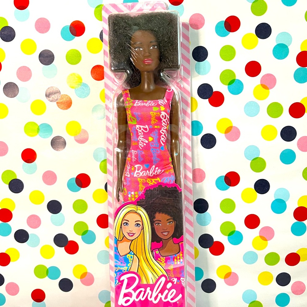 African American Barbie with Natural Hair in Signature Dress. New in box